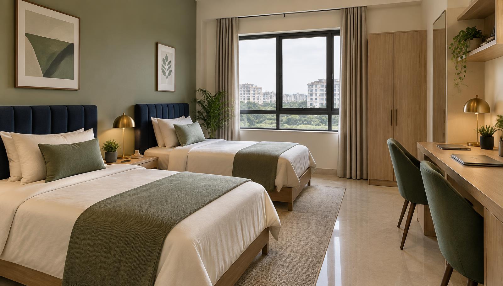 A calm, modern PG room with neatly made beds, navy headboards, sage accents and study desks